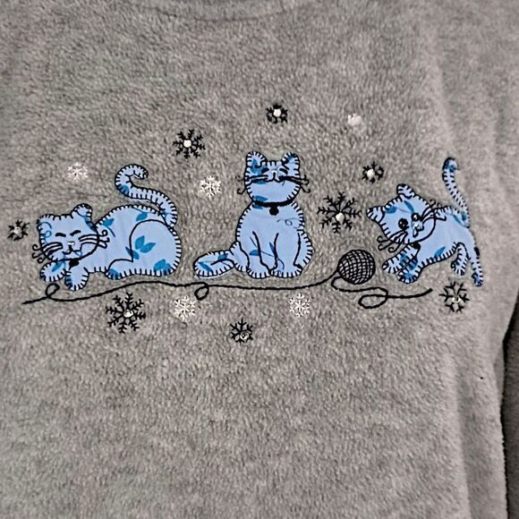 Vintage 80s Cat Lady Fleece Top M Sweatshirt Pullover Granny Kittens Playing 90s - Picture 2 of 16
